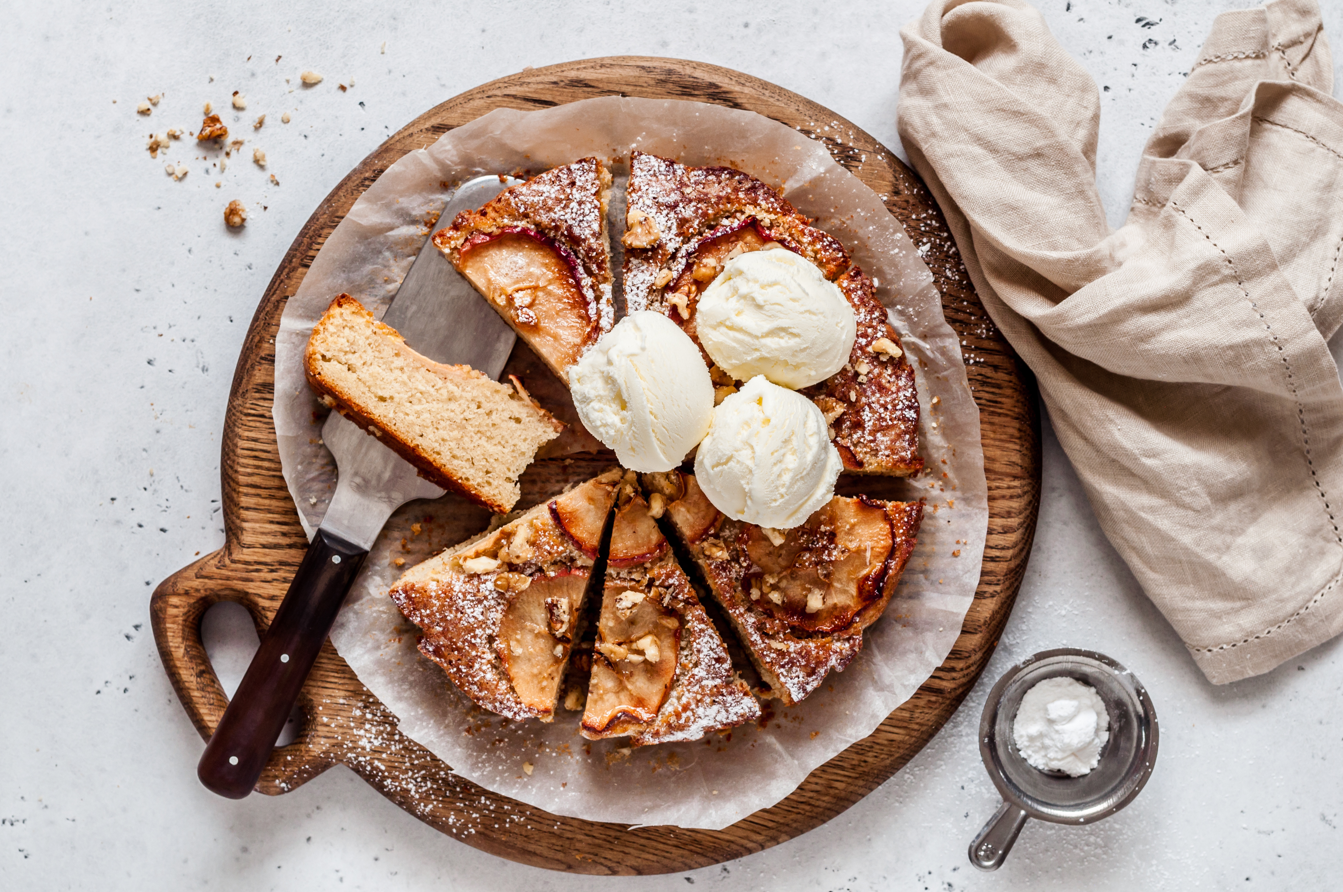 apple walnut cake with ice cream on top