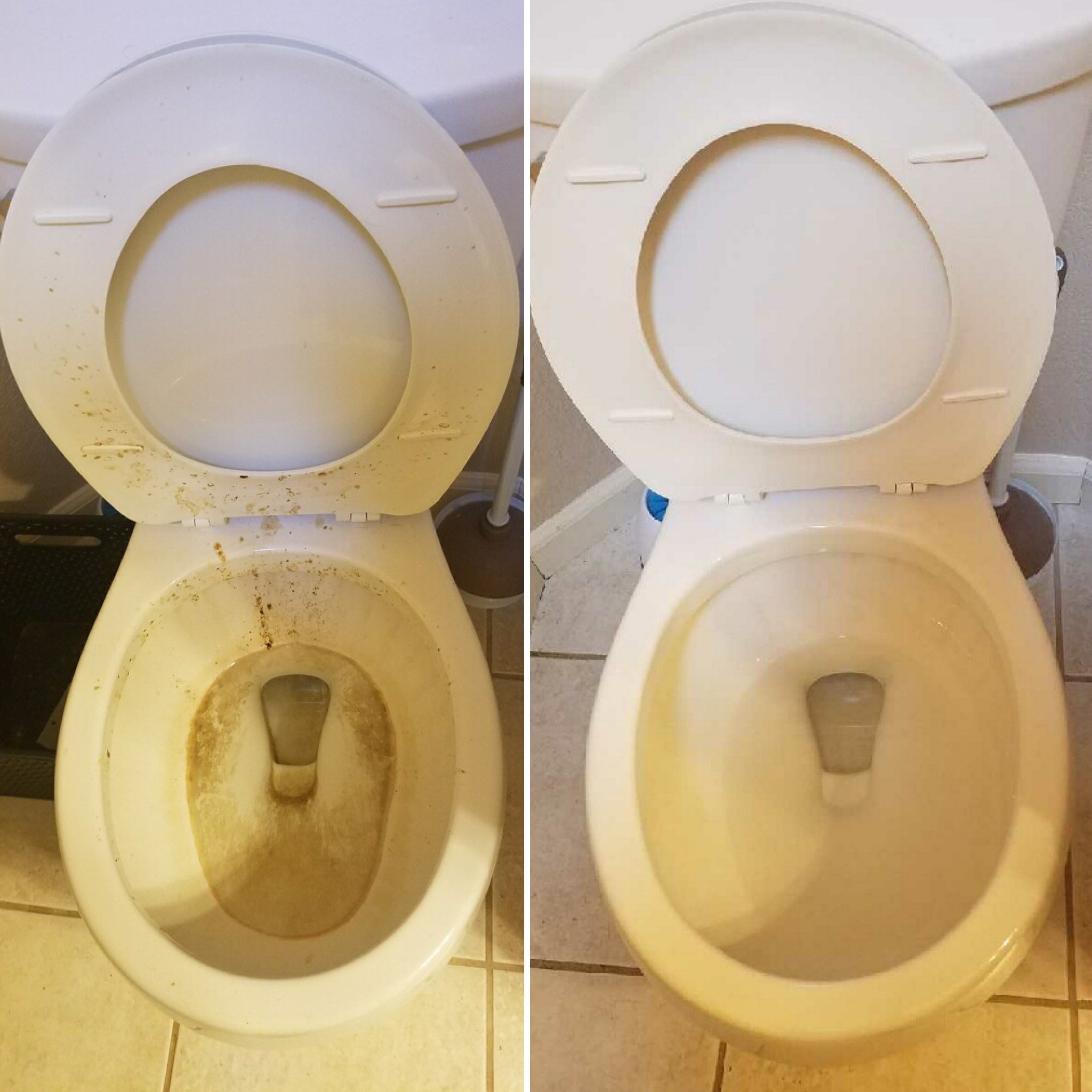 toilet before and after being cleaned
