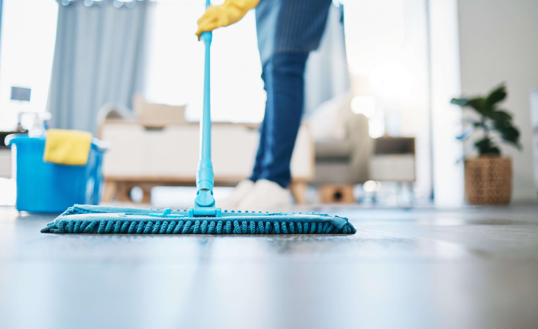 Professional vacuuming living space while house cleaning